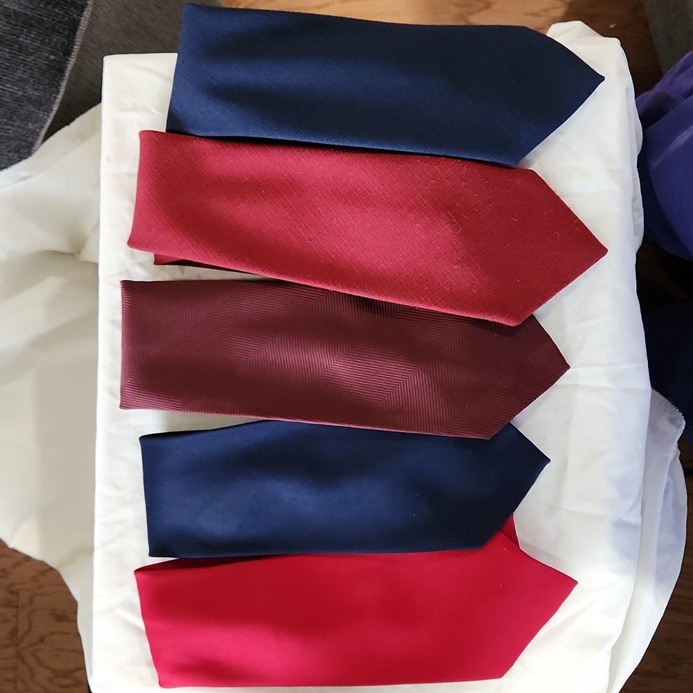 Vintage ties, set of 5, solid colors, 2 red, 2 blue, 1 brown